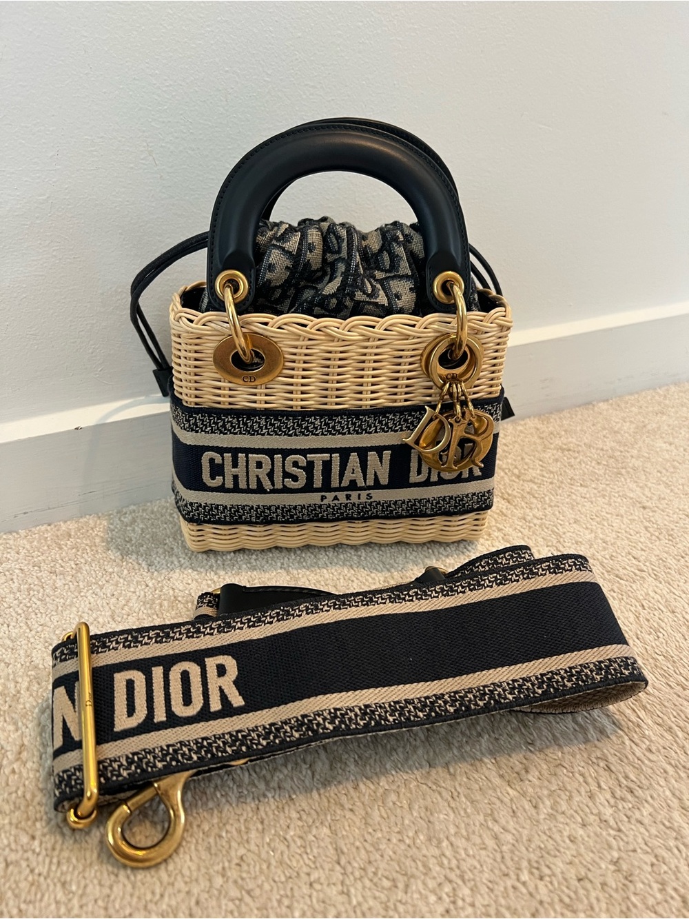 LIKE NEW Christian Dior Lady Dior Mini Wicker Bag with Strap